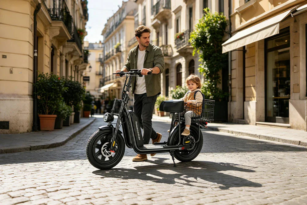 iScooter electric scooter with child seat being used by family in European city street