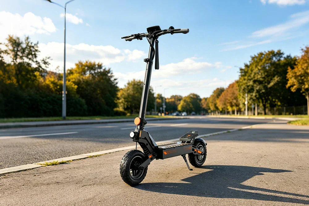 Electric scooter with front light and turn signal displayed on city road