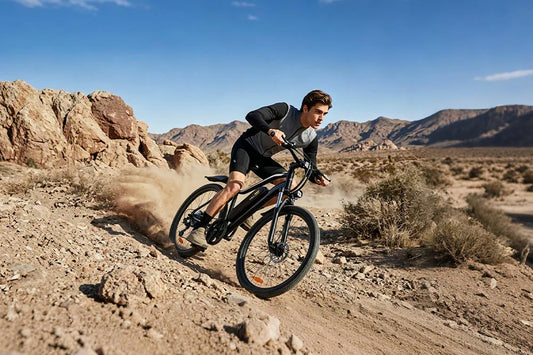 Electric mountain bike being ridden by man on rocky desert off-road trail