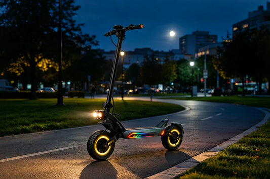 High-performance commuter electric scooter with illuminated front headlights and turn signals in urban night park setting
