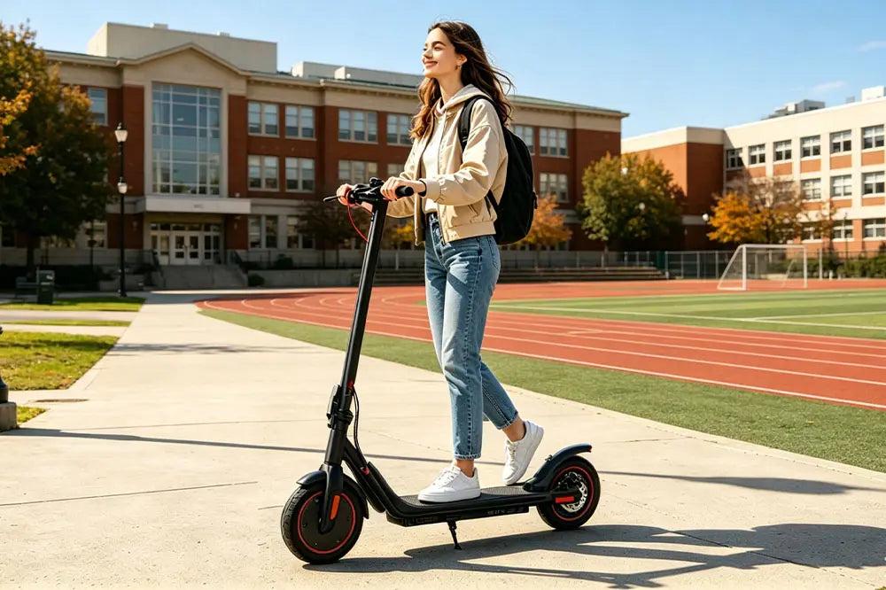 Student riding a iscooter i9m e-scooter on a college campus