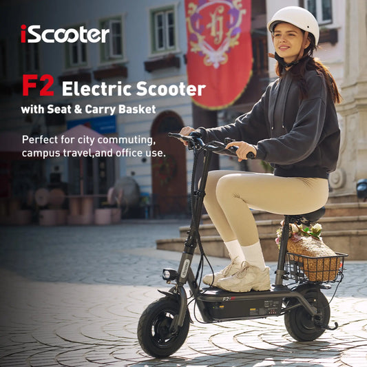 iScooter F2 integrated seat and rear cargo basket close-up