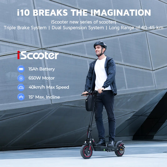 iScooter i10 electric scooter with 10-inch tires and rear disc brake on city street