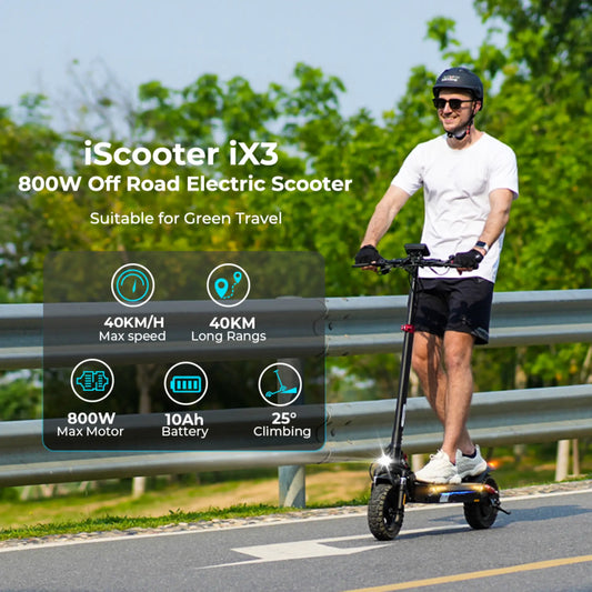 iScooter iX3 off-road electric scooter with 10-inch all-terrain tires riding on gravel trail