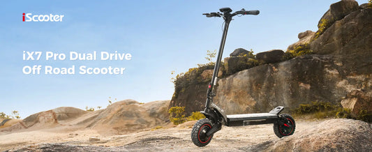 iScooter iX7 Pro off-road electric scooter riding on gravel trail